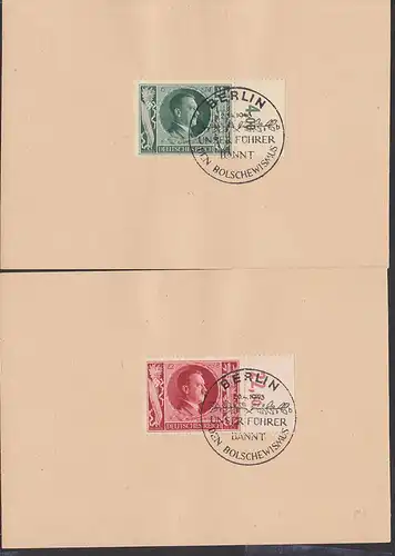 Germany Hitlermarke mit SoSt. "Unser Führer bannt den Bolschewismus" 2 Werte auf Unterlage 20.4.43