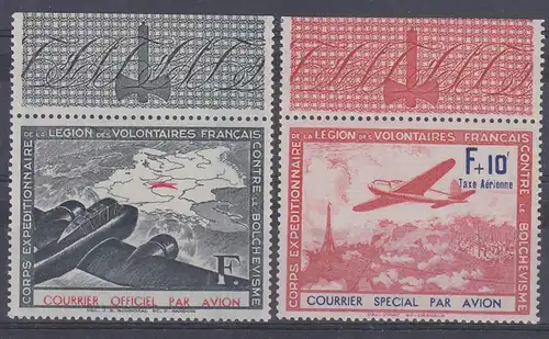 Frankreich Flugpostvignetten 1941 (MiNr. II, III/V Plattenf. 200,-), Legion Volontaires , Marken ** , Flugzeug