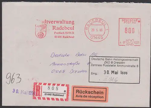 RADEBEUL, AFS  Stadtverwaltung R-Brief mit Rückschein 800 Pfg.  an Deutsche Bahn 1996