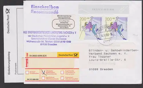 Cecogrmmes Blindensendung R-Brief MiNr. 1901(2) Gebühr für Einschreiben, sonst Gebührenfrei, mit Einlief.-Schein