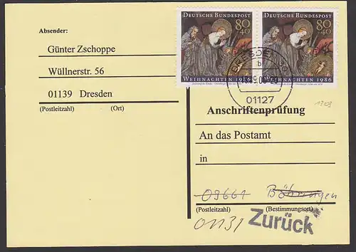Anschriftenprüfung portogenau 80+40 Pf (2) MiNr. 1303 Weihnachten 1986 Germany christmas