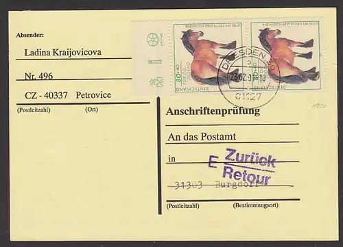 Pferde horse Rheinisch-Deutsches Kaltblut mit Anwortadresse in Tschechien Anschriftenprüfung 80+40 Pf (2) MiNr. 1920