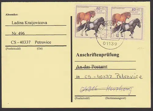 Anschriftenprüfung 80+40 Pf (2) MiNr. 1921 Pferde horse Shetlandpony mit Anwortadresse in Tschechien