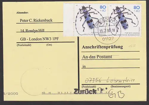 Anschriftenprüfung 80+40 Pf (2) MiNr. 1666 Käfer, Alpenbock, von Dresden mit Antwort nach Ausland!