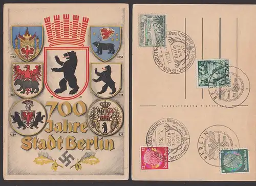 Berlin 700 Jahre Festpostkarte mit 2 versch. SoSt., 7 Wappen zw. 1253 und 1937