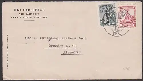 Mexico Paraje Nuevo Brief nach Deutschland Germany an Luftgasapparatefabrik "Jupiter" Dresden