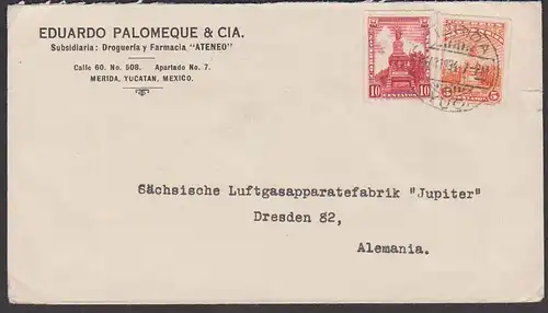 Mexico Merida Yucatan Brief 1934 nach Deutschland Germany an Luftgasapparatefabrik "Jupiter" Dresden