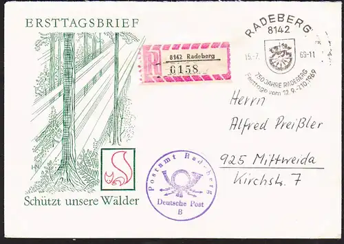 RADEBERG Postsache R-Brief mit SSt. "750 Jahre ..."auf FDC-Umschlag 1969