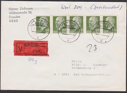 DDR 60 Pfg.(5) Walter Ulbricht Randstück Wertbrief  Mi. 1080 portorichtig, DDR-Letzttag