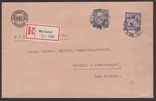 SVERIGE Mariestad R-Brief nach Freital-Potschappel Tyskland 1928, INICA