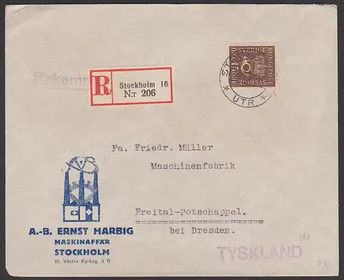 SVERIGE Stockholm R-Brief nach Freital-Potschappel Tyskland, 15 Öre MiNr. 180, rs. Verschlussmarke Ernst Harbig