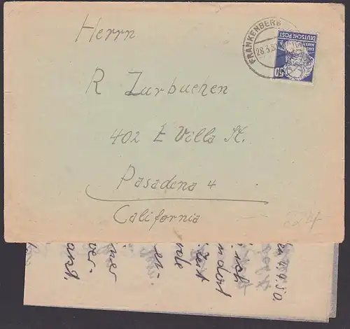 Karl Marx 50 Pf  Köpfe I SBZ Auslandsbrief nach California aus Frankenberg Sachsen MiNr. 224, mit Inhalt