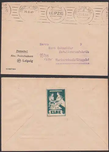 cinéma Vignette Film SOVEXPORTFILM zeigt "Begegnung an der Elbe", Postscheck-Brief Leipzig 1949, movie theater