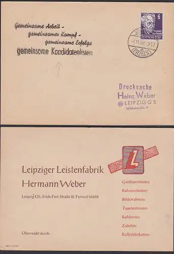 Propaganda "Gemeinsame Arbeit - gemeinsamer Kampf ..." 1950 Karte Werbung Leipziger Leistenfabrik Hermann Weber
