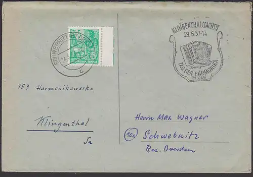 Klingenthal (Sachsen) 1957 SSt. Tag der Harmonika Abb. Musikinstrument Akkordeon, 5 Pfg. Randstück mit Farbleistenrest