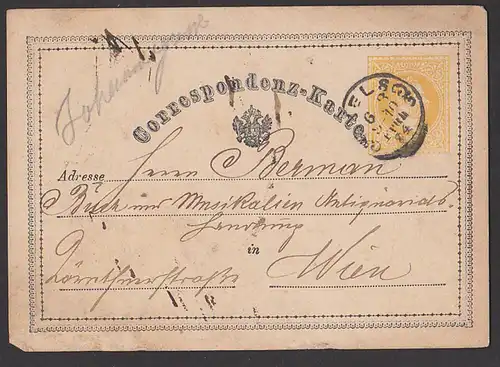 Correspondenz-Karte 1874 WELS Oberösterreich, 2 Kreuzer Ganzsache nach Wien