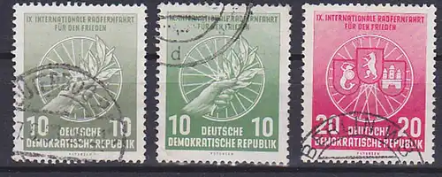 DDR IX. Internationale Friedensfahrt für den Frieden MiNr. 521 a,b und  522 bedarfsgestempelt, 10 Pf. in beiden Farben!