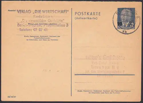 Berlin1955 GA, Antwort Verlag "Die Wirtschaft Redaktion - Die neuzeitliche Gaststätte-" , P63A 30,-