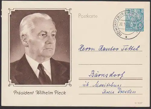 Schönbach üb. Löbau DDR Bildpost-GA 10 Pf. Fünfjahrplan Wilhelm Pieck MiNr. P67 Präsident, SoSt.14.5.57