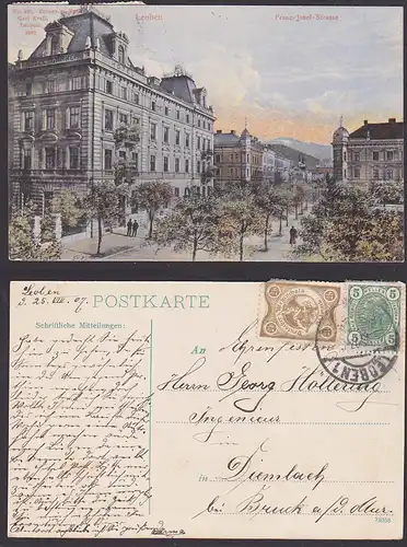LEOBEN Ak Franz-Josef-Str. 1907 2 Heller Spendenmarke Deutscher Wehrmacht Südmark mit 5 H. frankiert