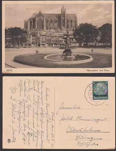 Metz Opernplatz und Dom Ak, Lothringen auf 6 Pf. Hindenburg 1941