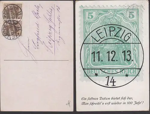 LEIPZIG Zahlenspiel Abb. 5 Pf Germania gest.  11. 12. 13. Leipzig 14 und rs.  gleiches Datum mit Uhrzeit 9 10 !!