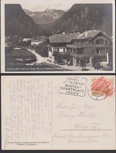 Mallnitz Photokarte 1930 Alpen - Hotel Pension Sonnenhof, MWSt. Wintersportplatz 1200 m, Kärnten