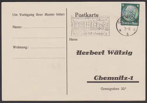 Chemnitz "Das schönste und größte Hallenbad Europas in Chemnitz 50m große Schwimmhalle" MWSt. 1935