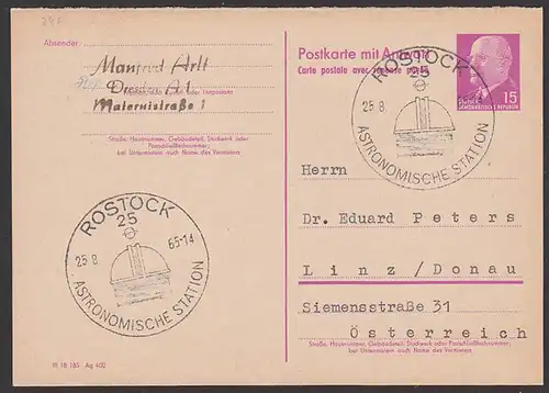 Rostock 1965 DDR-GA 15 Pf. W. Ulbricht, Abb. Astronomische Station, Sternwarte, n. Linz portogerechte Auslands-Kte P74F
