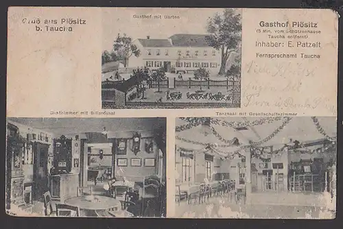 Taucha Gruss aus Plösitz Gasthof, Tanzsaal, Gastzimmer mit Billardsaal, Karte unten Kratzspuren