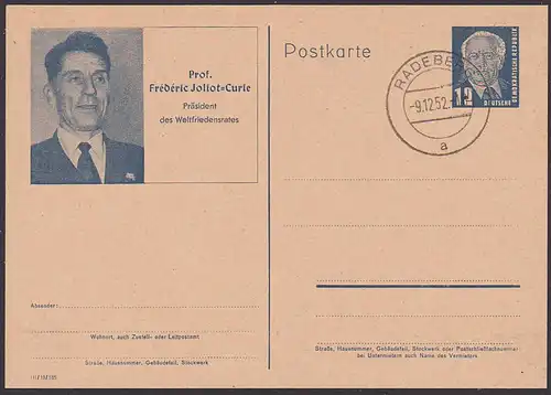 Prof. Frederic Joliot-Curie Präsident Weltfriedensrat, DDR P 52/02 gest. Radeberg 1952, Nobelpreis für Chemie