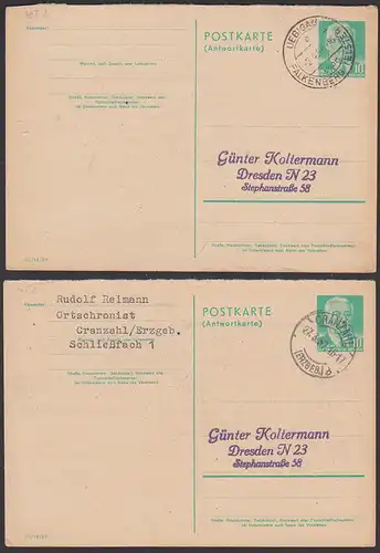 Uebigau über Falkenberg, Cranzahl (Erzgebirge) 2 Antwortkarten mit Text zu Anfragen bzgl. kursächsische Postmeilensäulen