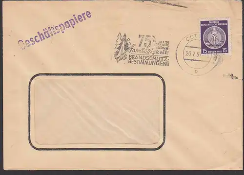 Brandschutz DDR MWSt. "75 %  aller Brände durch Fahrlässigkeit!" auf Dienstpost Brief Cottbus, 1957