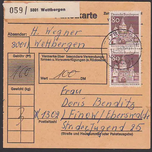 Paketkarte aus Wettbergen BRD, 80 Pf(2) Ellinger Tor Weissenburg /Bayern MiNr. 498, nach der DDR PLZ: X1302