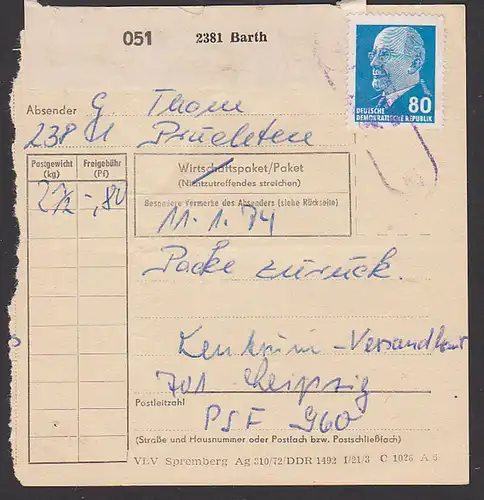 Paketkarte DDR 80 Pf Walter Ubricht Barth, 1974 - interne Verwendung,  EF MiNr. 1331 Rücksendung an Versandhaus