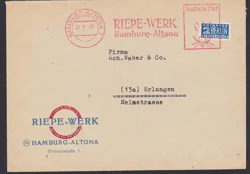 Hamburg-Altona AFS 1949, Riepe-Werk, mit Notopfermarke nach Erlangen