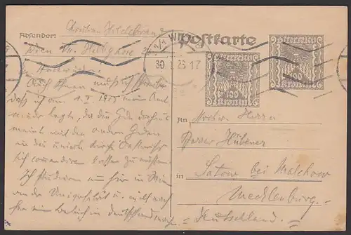 Wien GA mit 2 Wertstempel zu je 100 Groschen 1923 nach Satow bei Malchow Mecklenburg