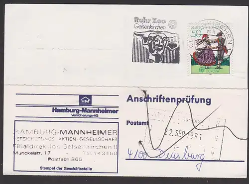 Anschriftenprüfung 50 Pf. EUROPA 1981, Trachten MiNr. 1096, MWSt. Gelsenkirchen Ruhr Zoo nach Duisburg