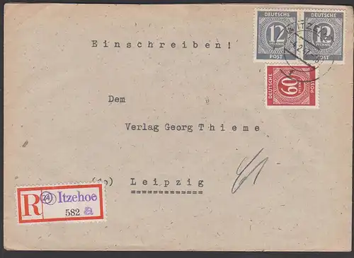 ITZEHOE, R-Brief mit Aushilfs-R-Zettel nach Leipzig an Verlag, frankiert mit 60, 12(2) Pfg. Ziffern