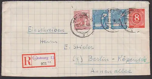 HAMBURG 11, Doppel-R-Brief mit Aushilfs-R-Zettel nach Berlin-Köpenick, selbst gestalteter Umschlag