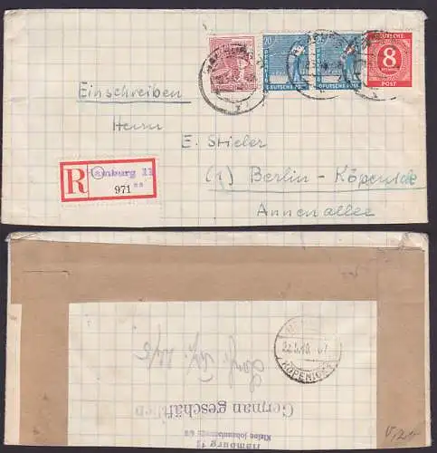 HAMBURG 11, Doppel-R-Brief mit Aushilfs-R-Zettel nach Berlin-Köpenick, selbst gestalteter Umschlag