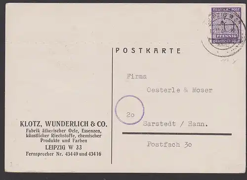 West-Sachsen 6 Pfg. geschnitten auf Bedarfskarte aus Leipzig (MiNr. 117X), Abs. Oele Essenzen Riechstoffe