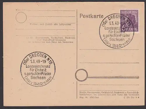 DRESDEN N15, SoSt. Landeskonferenz für Einheit u. gerechten Frieden Sachsen 1948