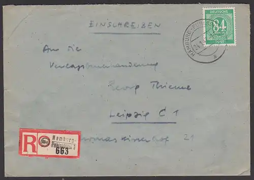 Hamburg Fuhlsbüttel 84 Pfg. Einheitsausgabe Ziffern, MiNr. 936, Aushilfs-R-Zettel Leipzig