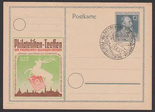 Dresden Bad Weißer Hirsch 12 Pfg.-GA mit priv. Zudruck 1947 H. v. Stephan mit Zudruck "Philatelistentreffen" Hirsch
