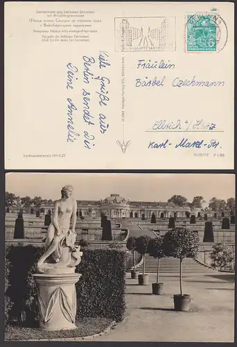 BERLIN MWSt. "Hauptstadt der DDR" auf Photokarte Schloss Sanssousi, verschiedenen Sprachen, Stalinallee