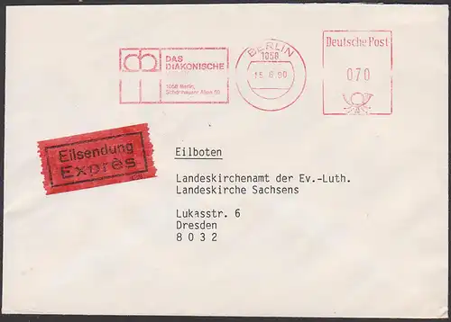 Berlin AFS 1990, "Das Diakonische Werk" Eilsendung n. Dresden, rs. Bahnpostst, BERLIN-DRESDEN ZUG 2378