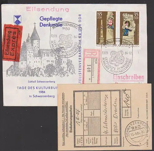 Germany Postmeilensäule R- und Eil-Brief Schwarzenberg  Wappen Saxoni, mit Einlieferungsschein, Denkmale