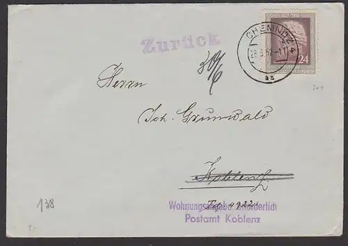 Ludwig van Beethoven 24 Pf MiNr. 301 auf Brief nach Koblenz mit "zurück" Wohnungsangabe erforderlich, aus Chemnitz