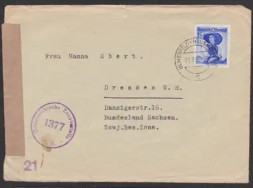 Austria Ulmerfeld - Hausmening 1949 nach Dresden mit Österreichischer Zensur 1377